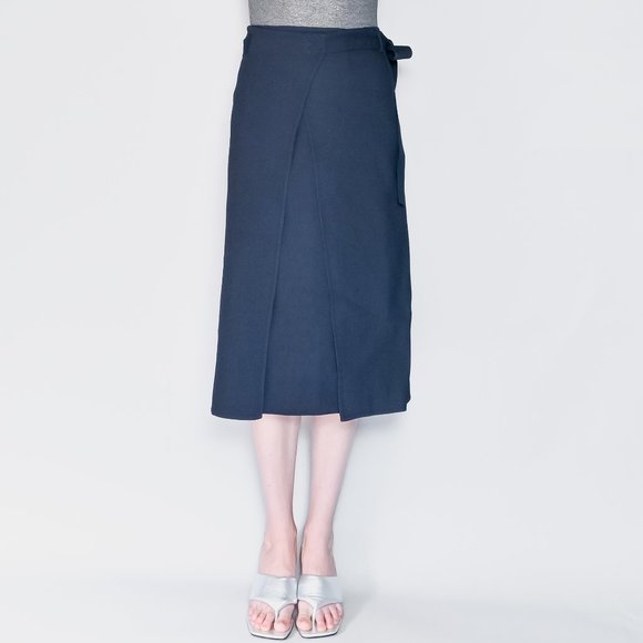 HELMUT LANG Navy Blue Wrap Midi Skirt Sz 2 - Picture 1 of 6